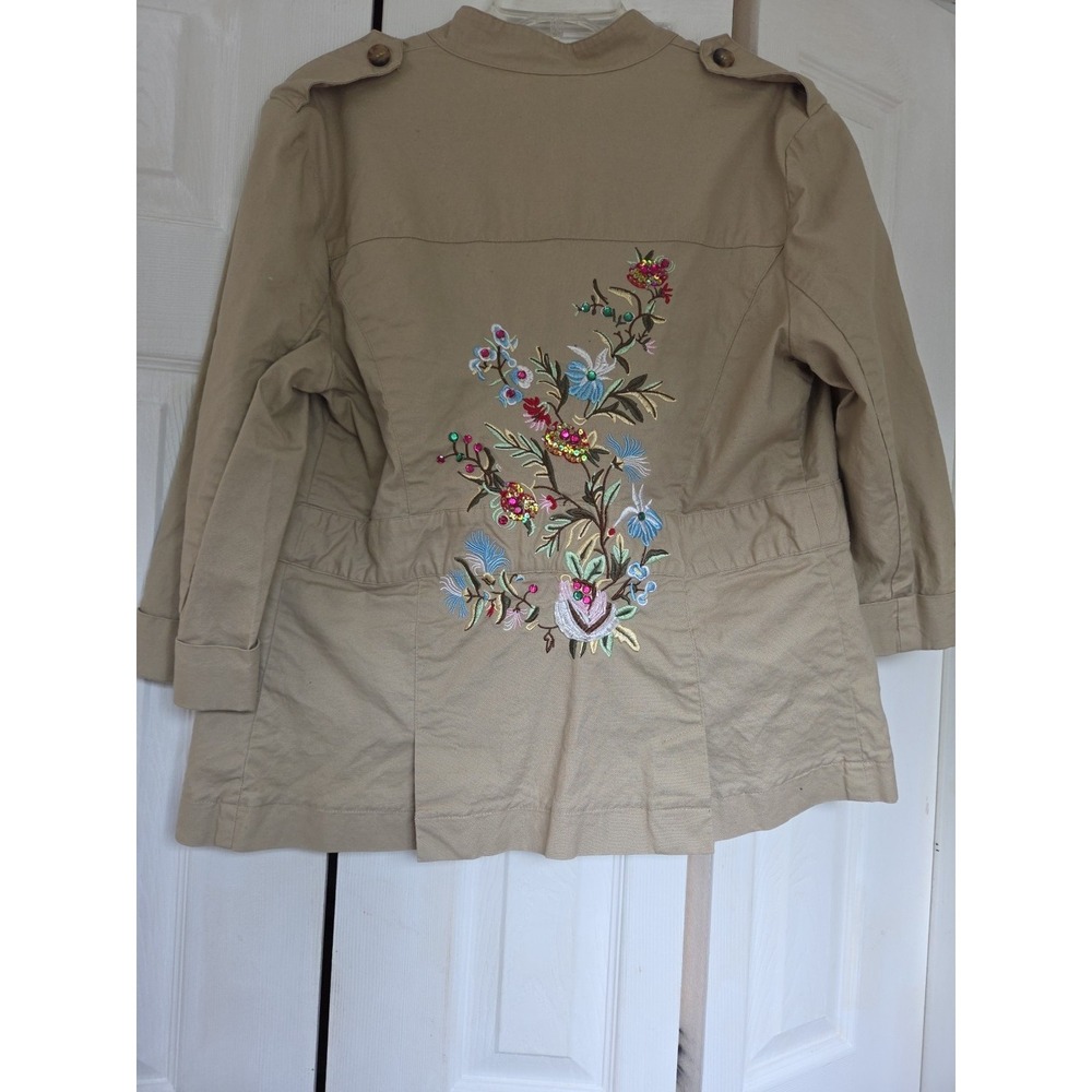 Y2k Utility Safari Jacket Floral Embroidered Sequin Bead Mock Neck L Cotton boho
